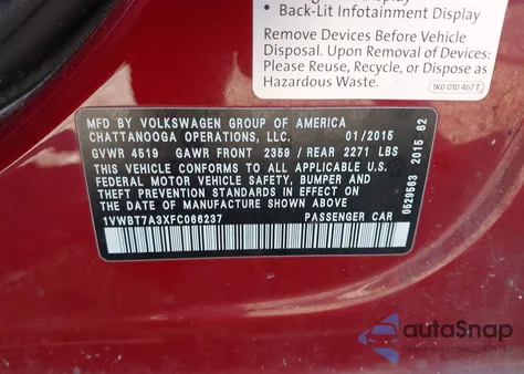 2015 Volkswagen Passat 1.8T Se z USA, uszkodzony, nr VIN 1VWBT7A3XFC066237